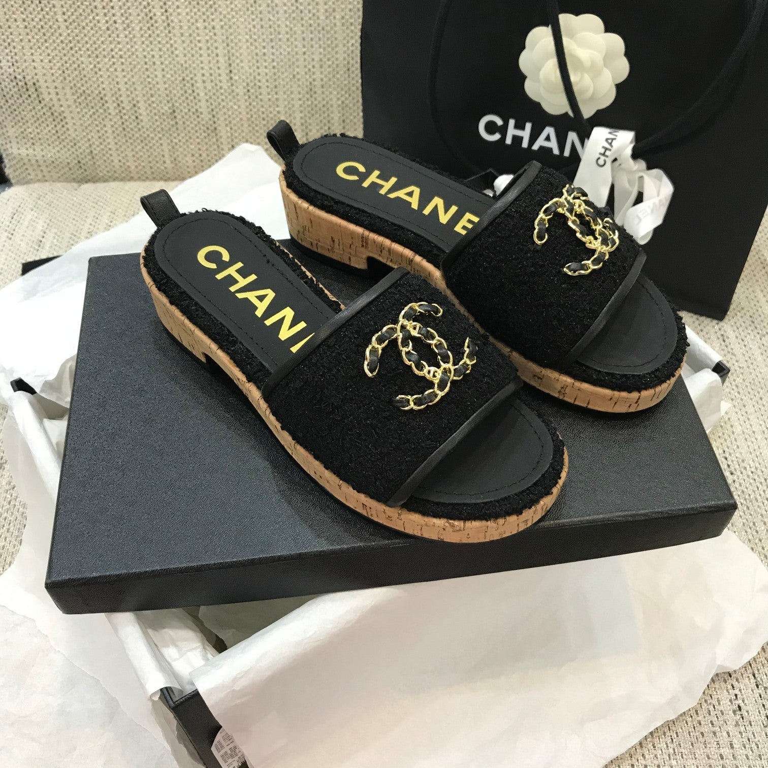 CC 26s Wooden Slippers Black Tweed Lambskin 916899