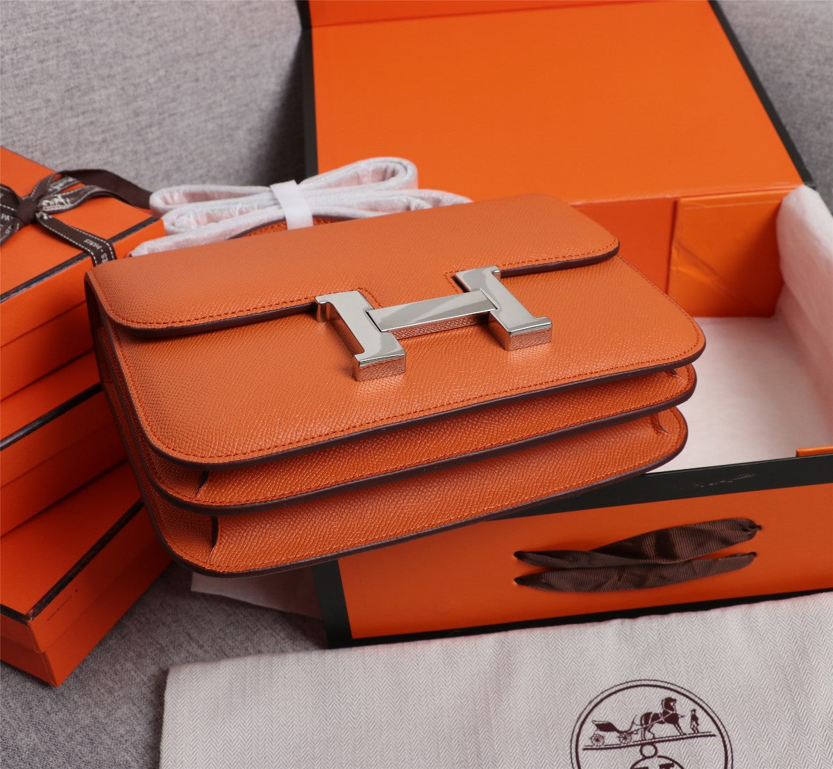 HM CONSTANCE BAGS 19 ORANGE EPSOM SILVER HARDWARE