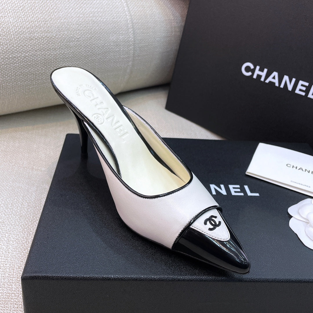 Chanel 26s Mules 8cm White Black Smooth Leather 156619