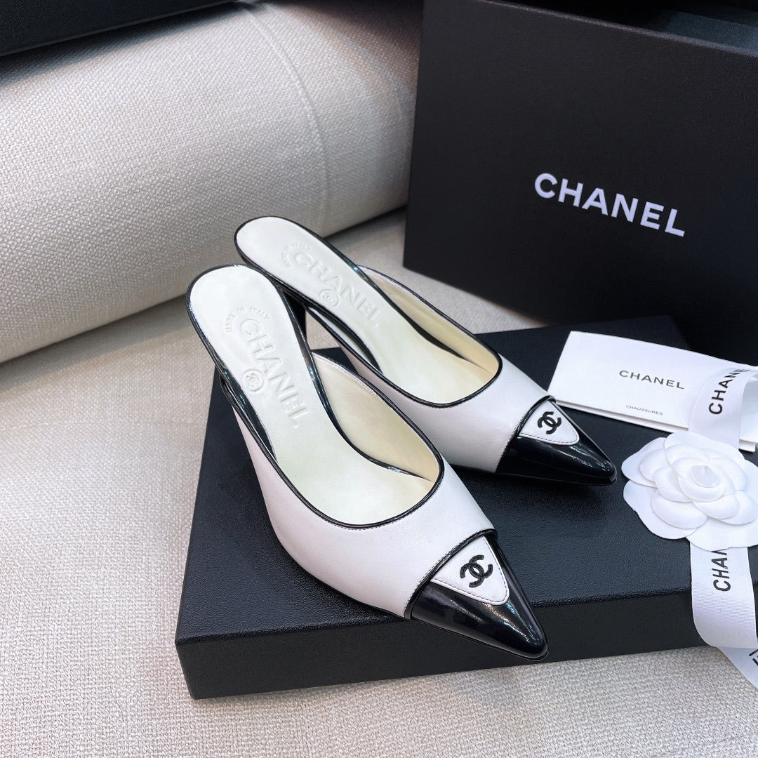Chanel 26s Mules 8cm White Black Smooth Leather 156619