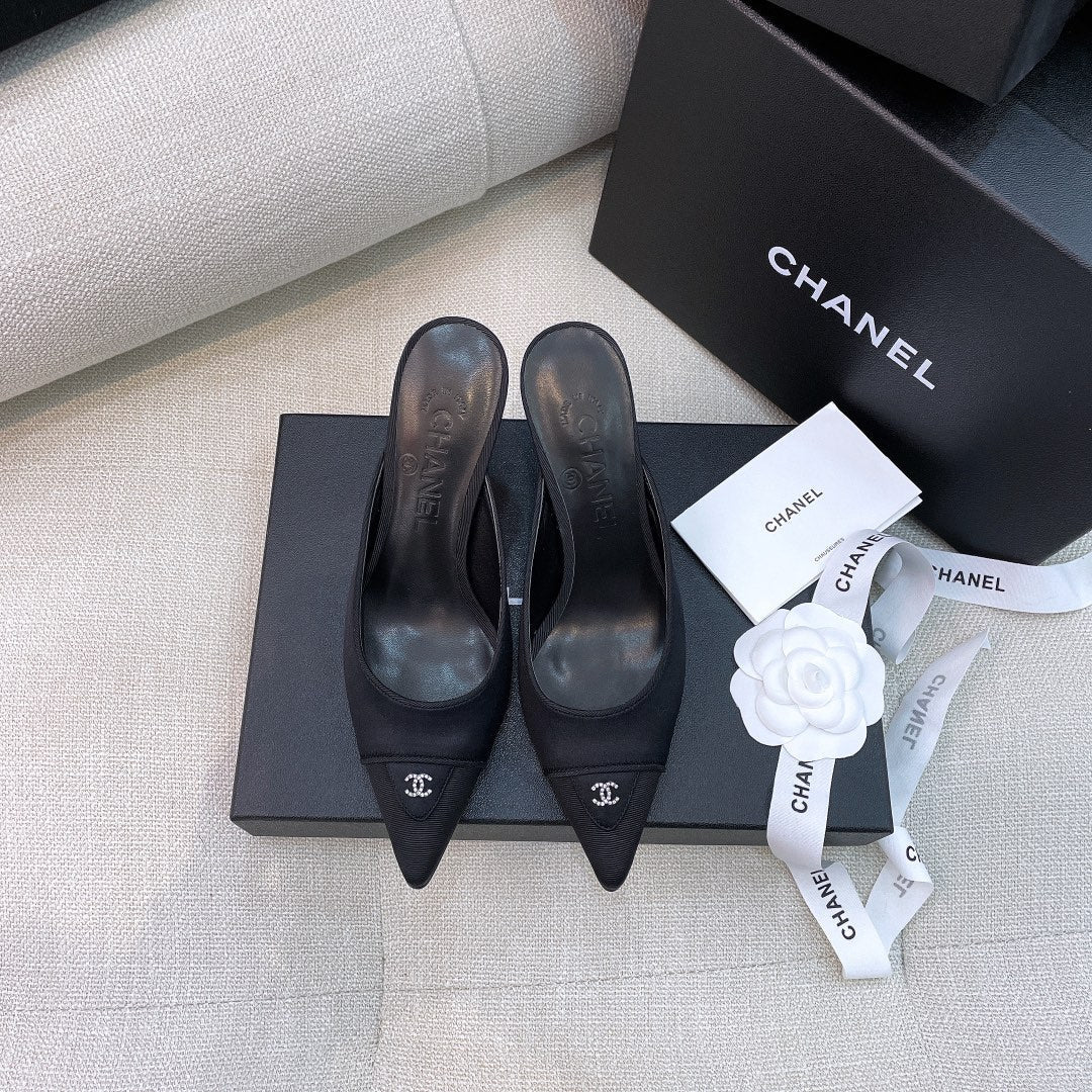 Chanel 26s Mules 8cm Black Grosgrain Satin 156621