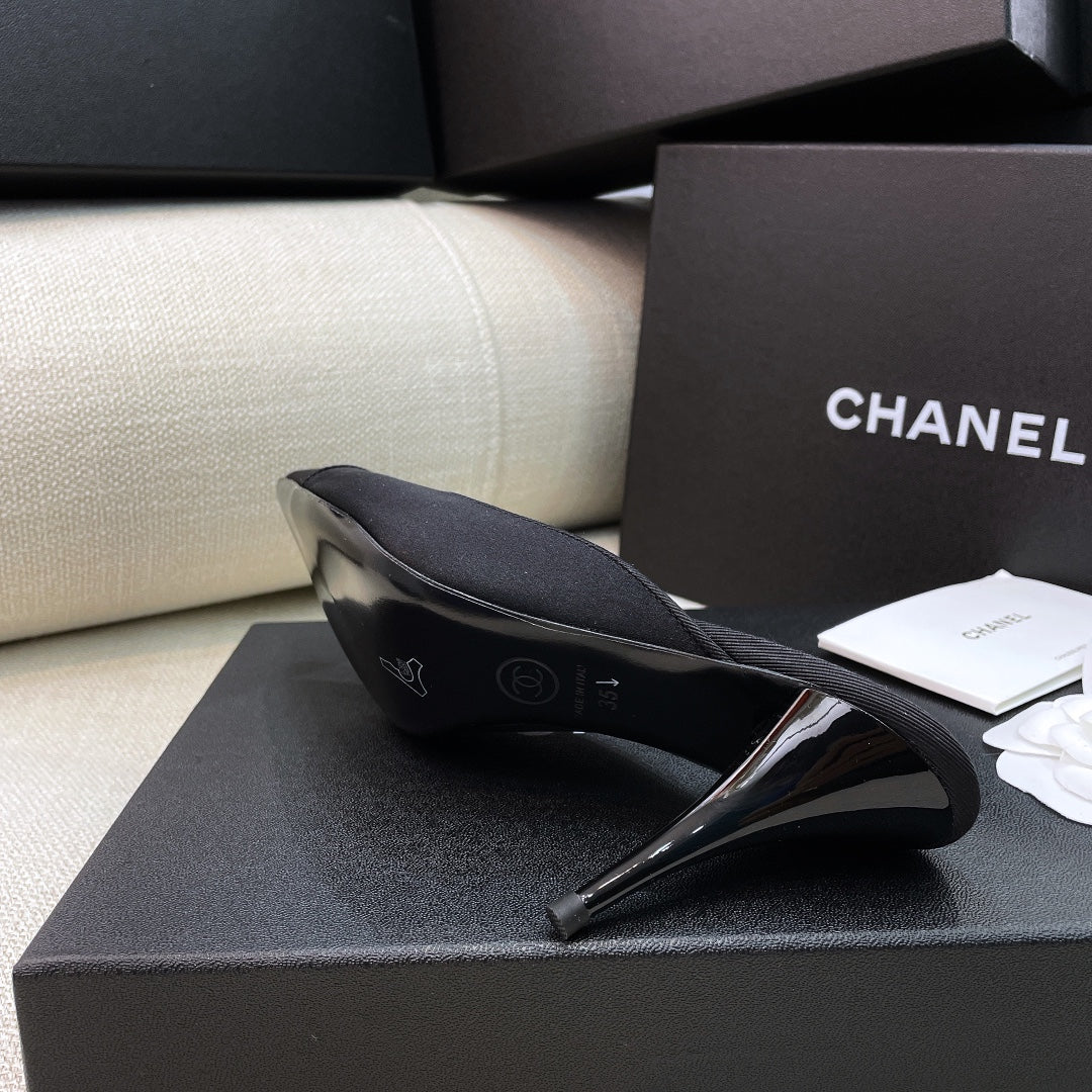 Chanel 26s Mules 8cm Black Grosgrain Satin 156621