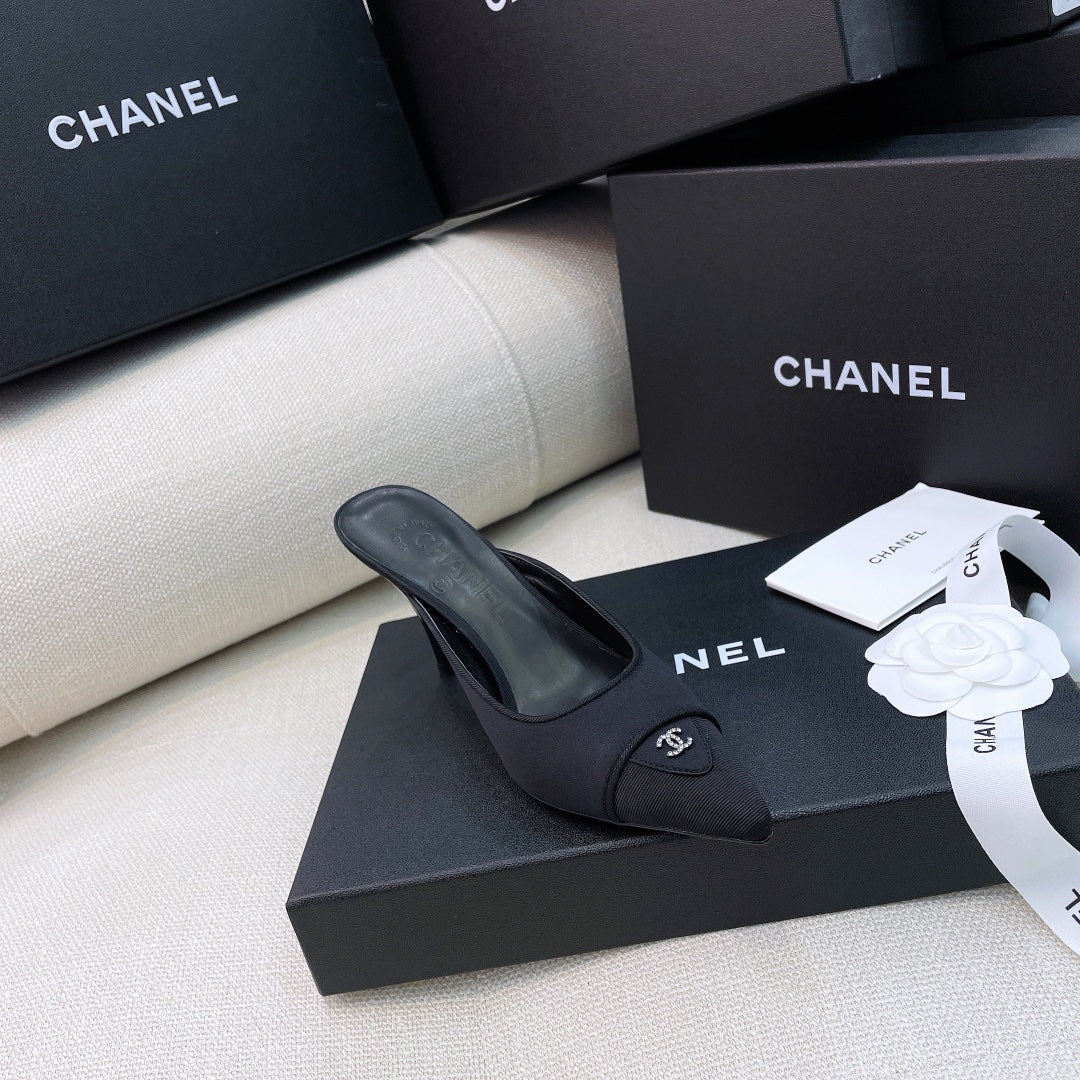 Chanel 26s Mules 8cm Black Grosgrain Satin 156621