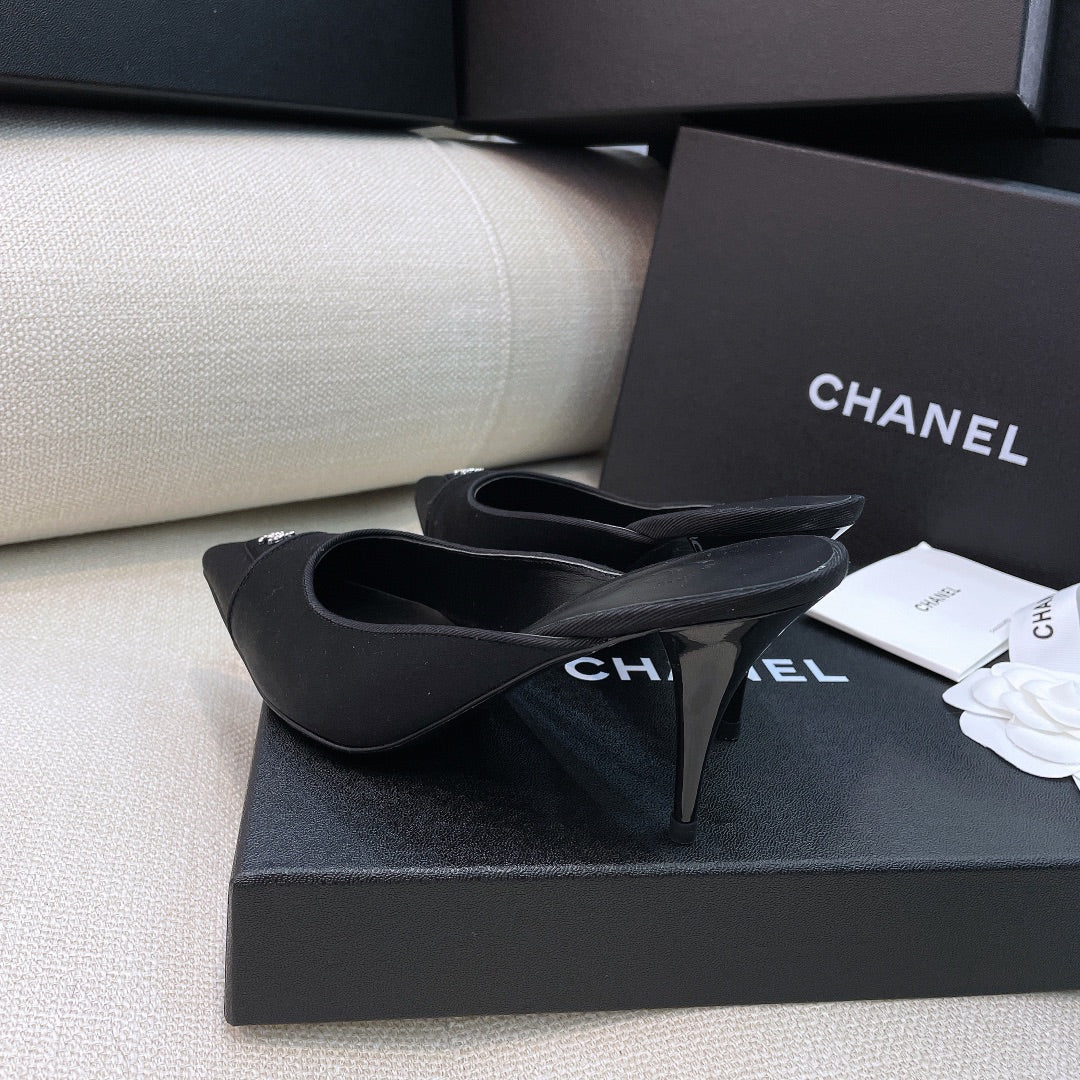 Chanel 26s Mules 8cm Black Grosgrain Satin 156621