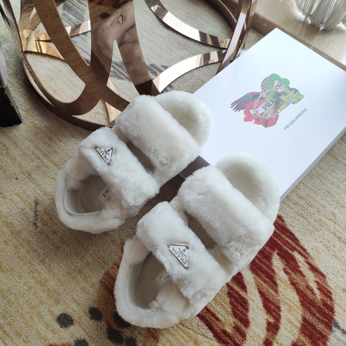 Prada 26s Triangle Logo Slides Flat Cream Shearling Sandals 109444