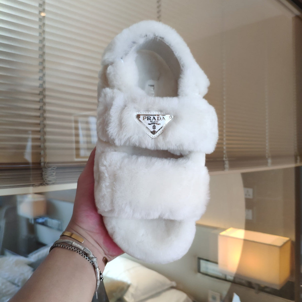 Prada 26s Triangle Logo Slides Flat Cream Shearling Sandals 109444