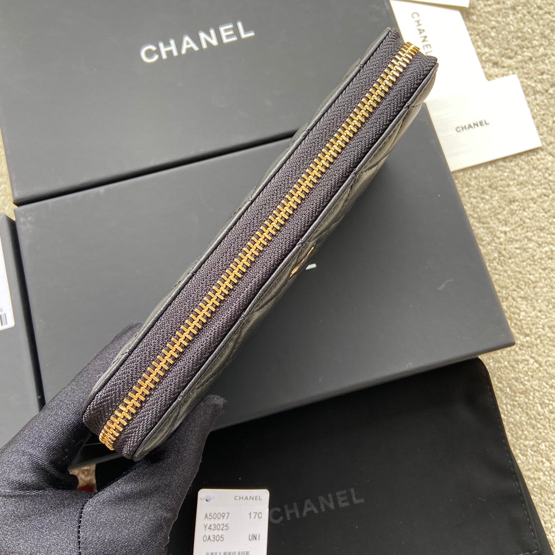 CC A50097 Classic Zipper Wallet Black Lambskin GHW 229662