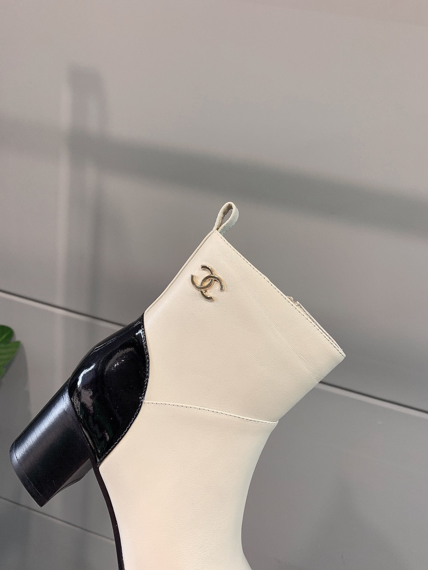 CC Block Heel Ankle Boots 60mm Black White Patent Leather Sheeepskin 464556