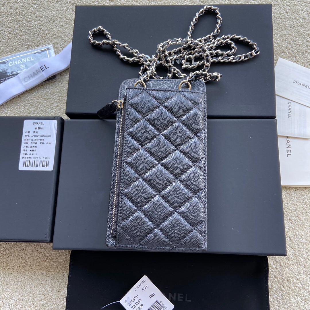 CC Compact Double Pouch Black Caviar Sliver Steel 229639