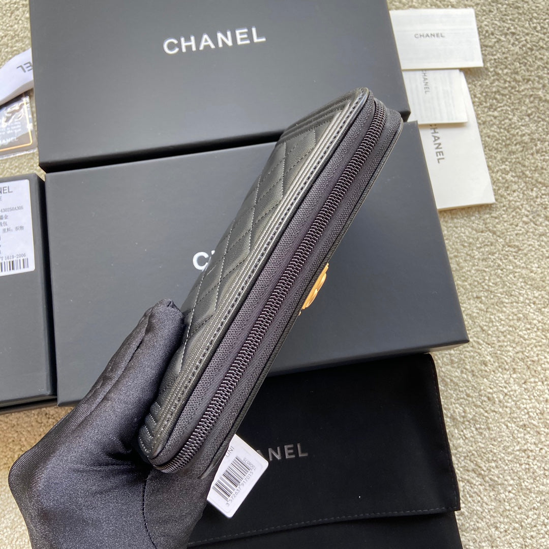 CC Gold Buckle Boy Zipper Coin Wallet Black Sheepskin 229737