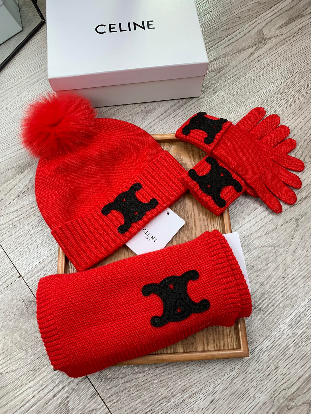 Celine Hat Scarf Gloves Set Red Knit Fur 475093
