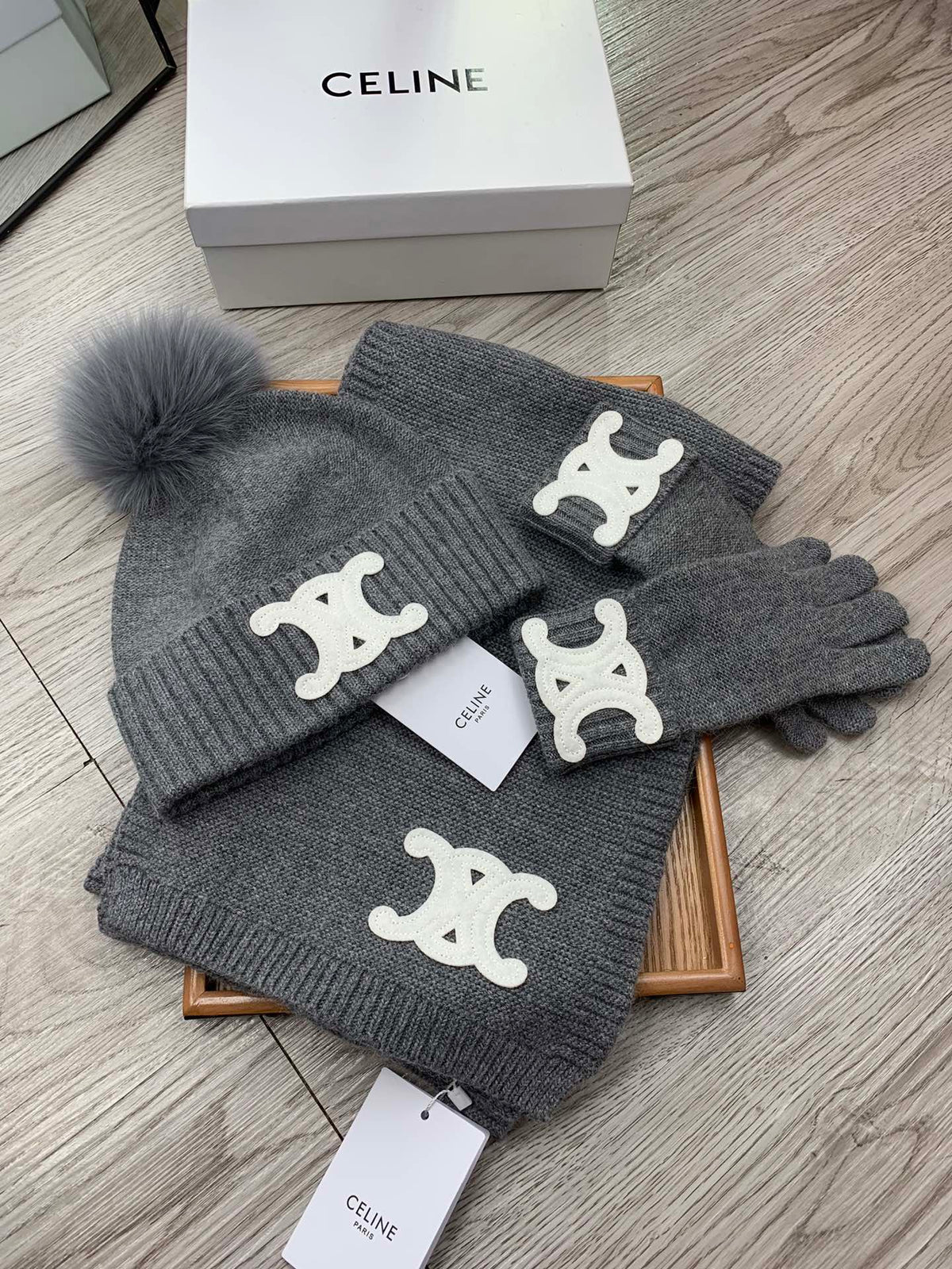 Celine Hat Scarf Gloves Set Gray Knit Fur 475092