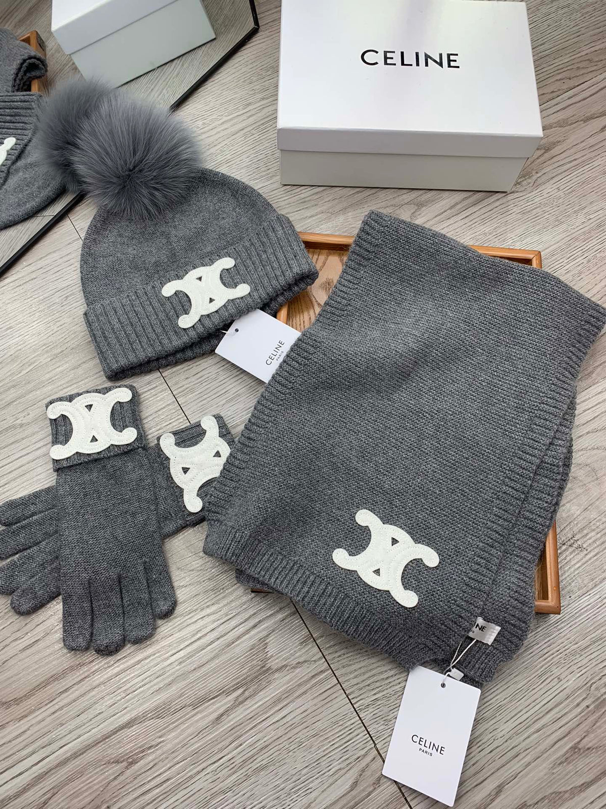 Celine Hat Scarf Gloves Set Gray Knit Fur 475092
