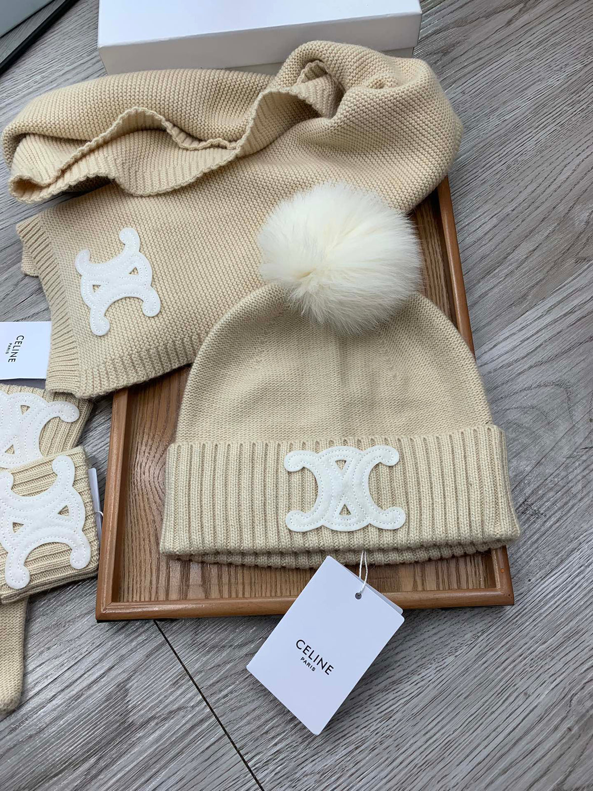 Celine Hat Scarf Gloves Set Light Beige Knit Fur 475091