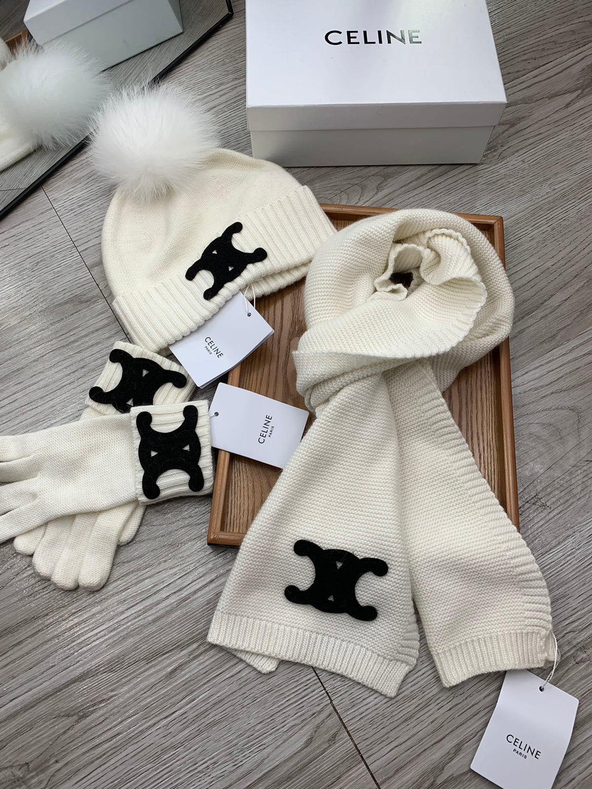 Celine Hat Scarf Gloves Set White Knit Fur 475090