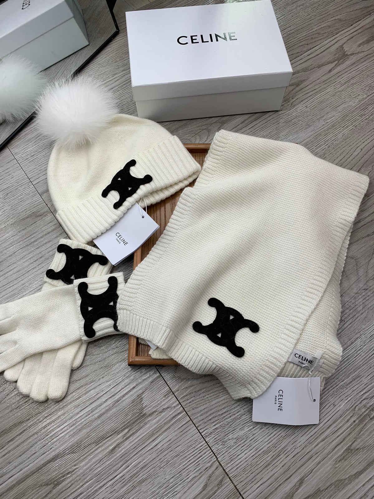 Celine Hat Scarf Gloves Set White Knit Fur 475090