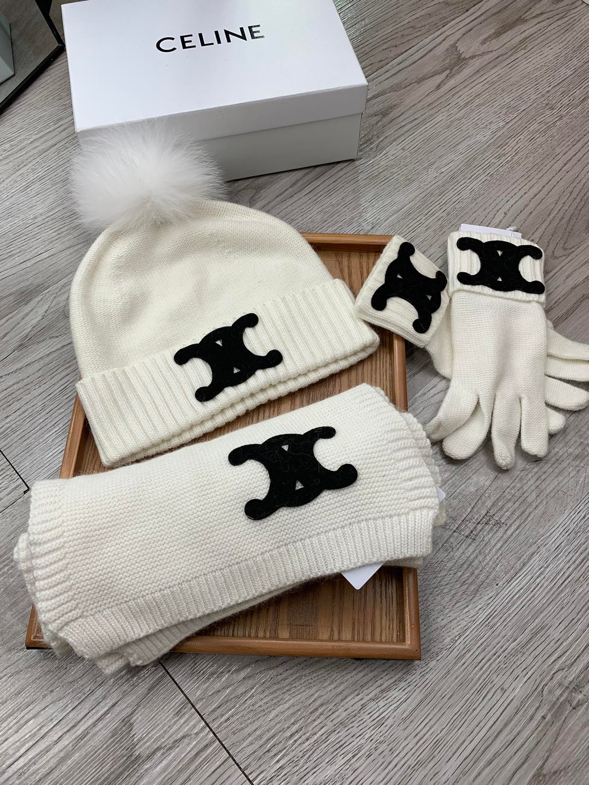 Celine Hat Scarf Gloves Set White Knit Fur 475090