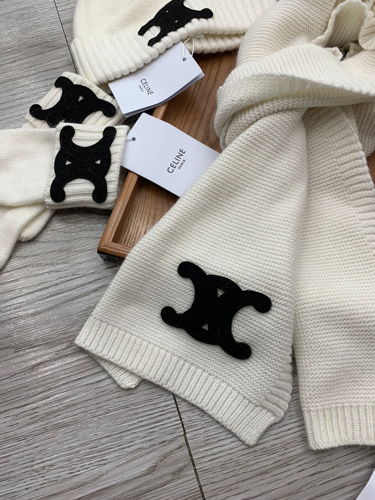 Celine Hat Scarf Gloves Set White Knit Fur 475090