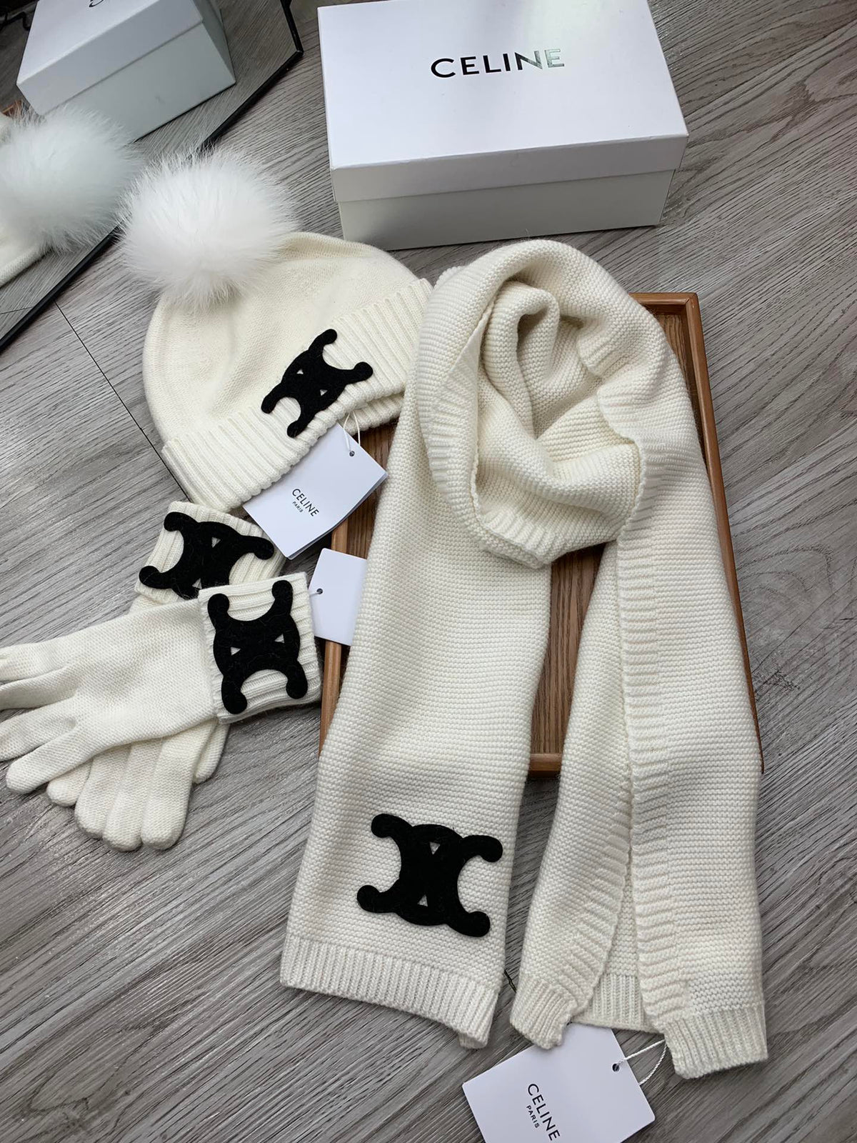 Celine Hat Scarf Gloves Set White Knit Fur 475090