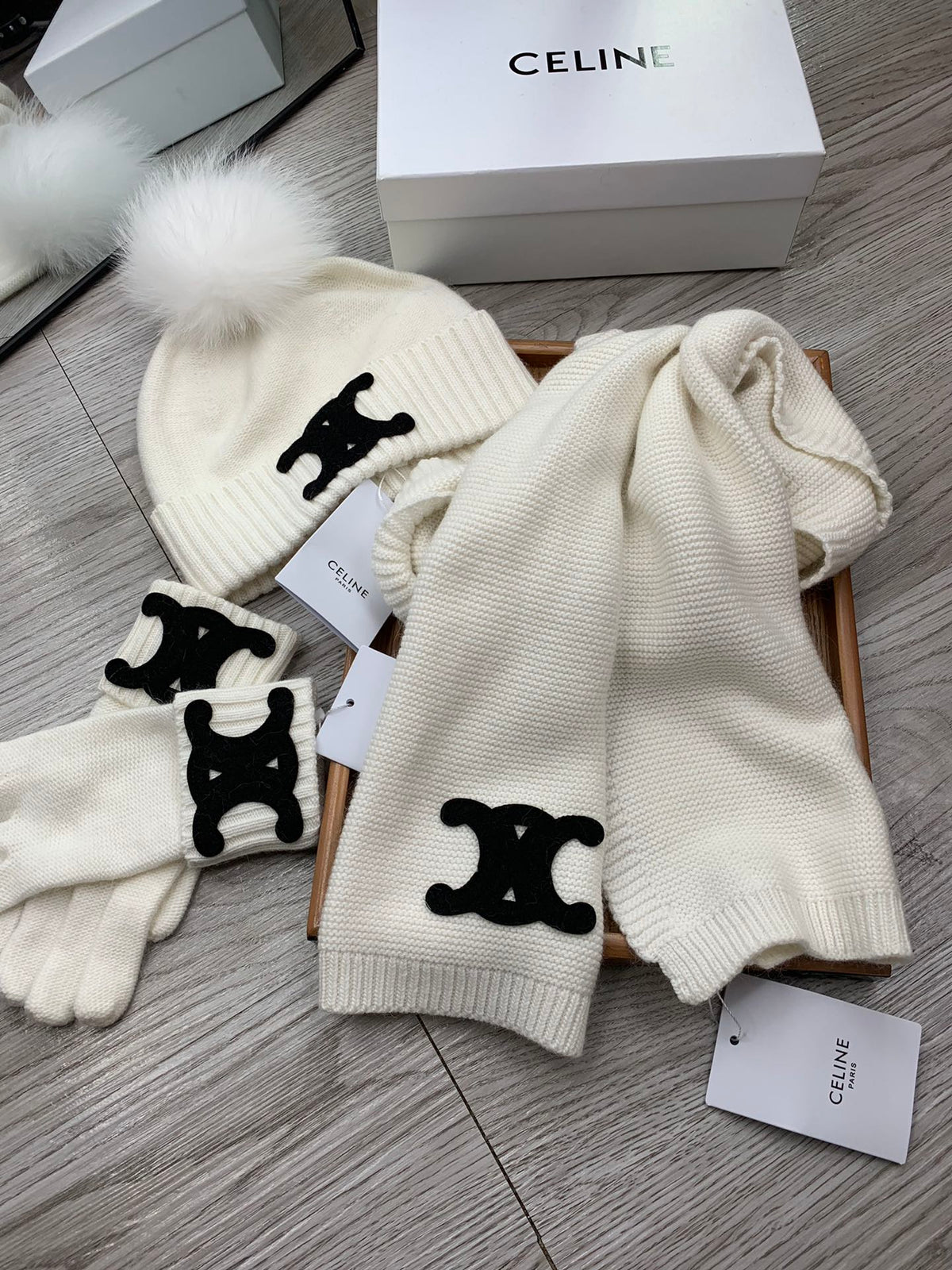 Celine Hat Scarf Gloves Set White Knit Fur 475090