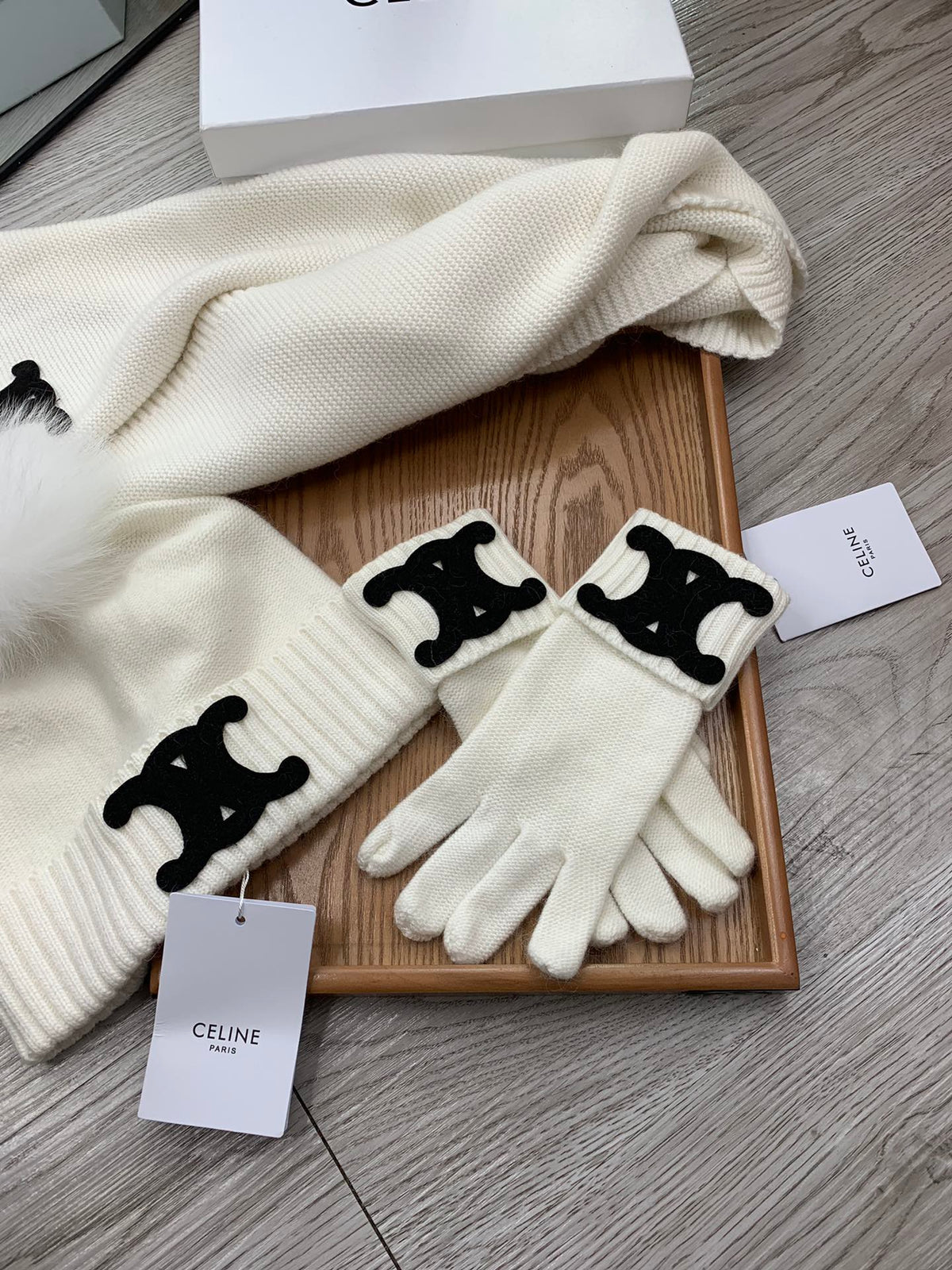 Celine Hat Scarf Gloves Set White Knit Fur 475090