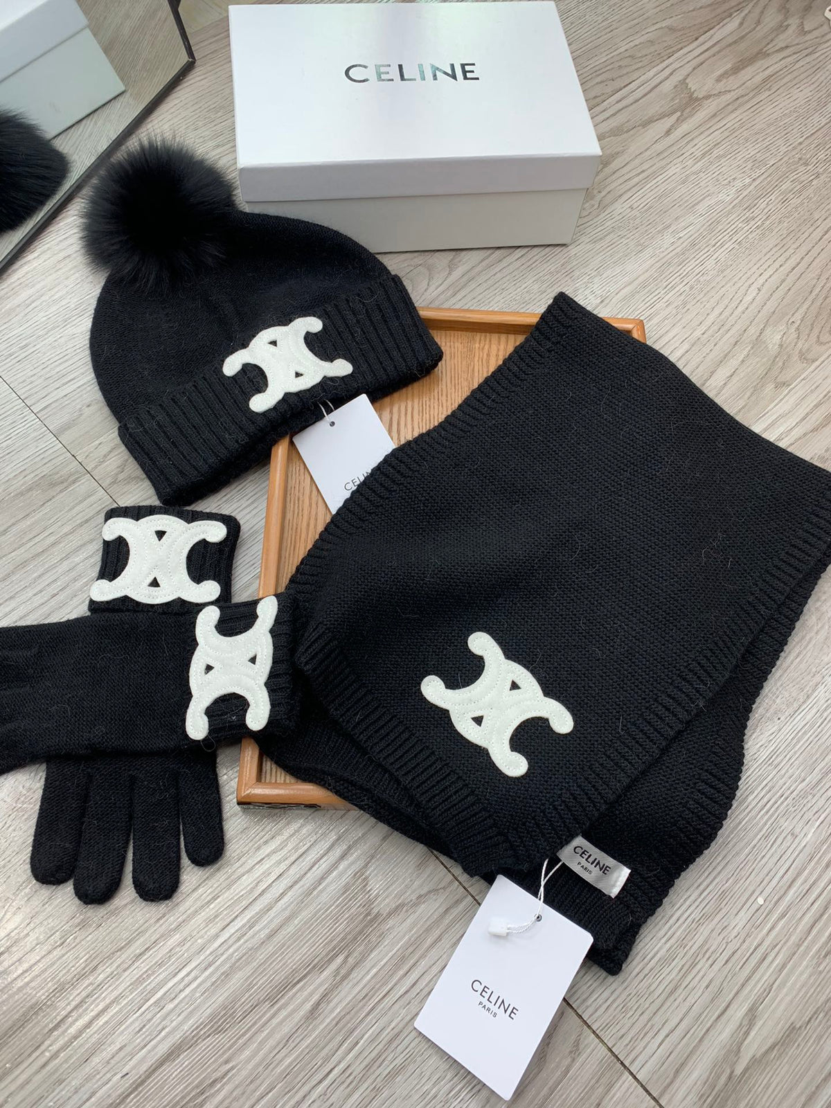 Celine Hat Scarf Gloves Set Black Knit Fur 475089