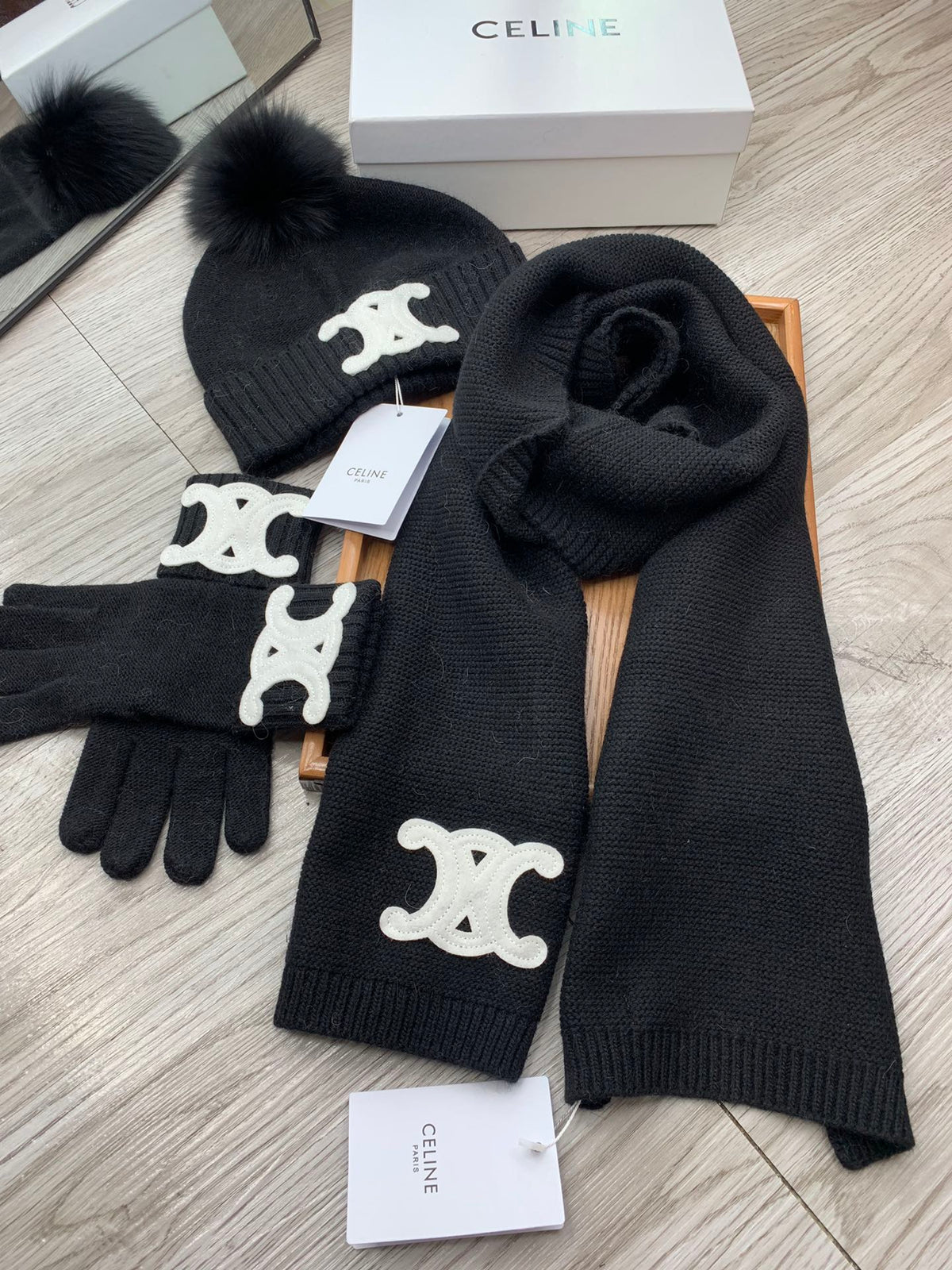 Celine Hat Scarf Gloves Set Black Knit Fur 475089