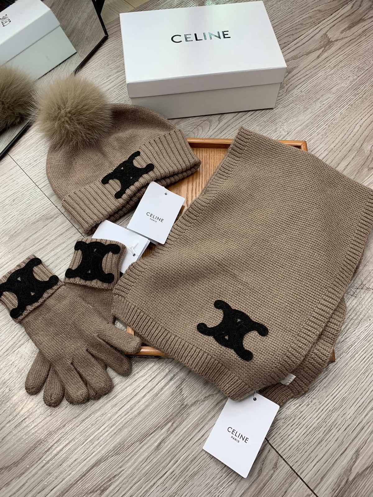 Celine Hat Scarf Gloves Set Khaki Knit Fur 475088