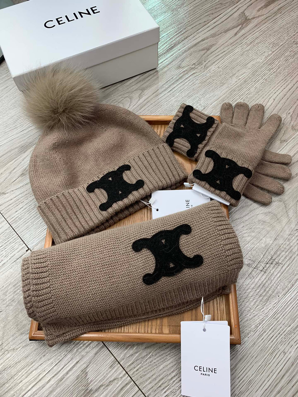 Celine Hat Scarf Gloves Set Khaki Knit Fur 475088