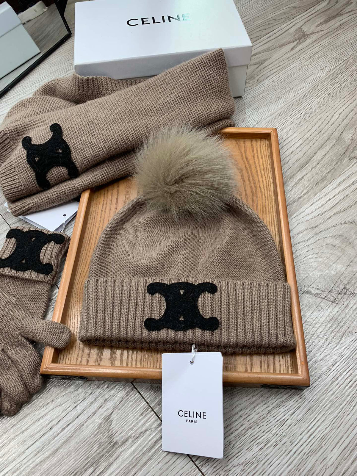 Celine Hat Scarf Gloves Set Khaki Knit Fur 475088