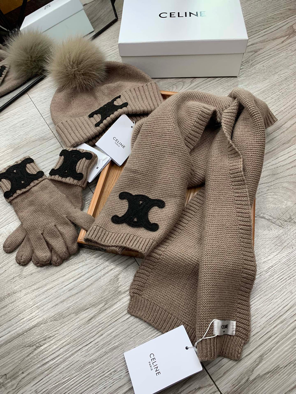 Celine Hat Scarf Gloves Set Khaki Knit Fur 475088