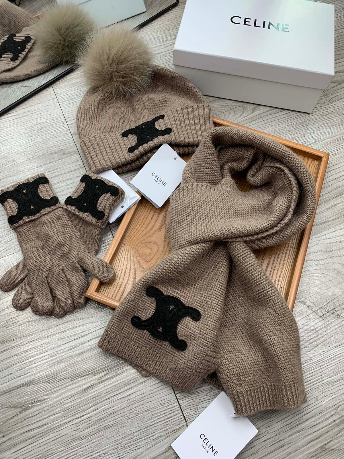 Celine Hat Scarf Gloves Set Khaki Knit Fur 475088