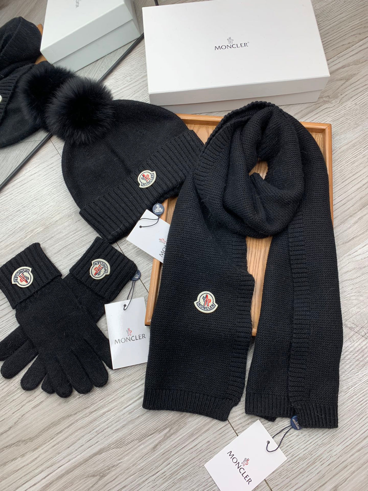 Moncler Hat Scarf Gloves Set Black Knit Fur 475098