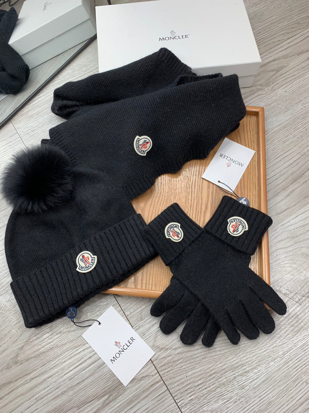 Moncler Hat Scarf Gloves Set Black Knit Fur 475098