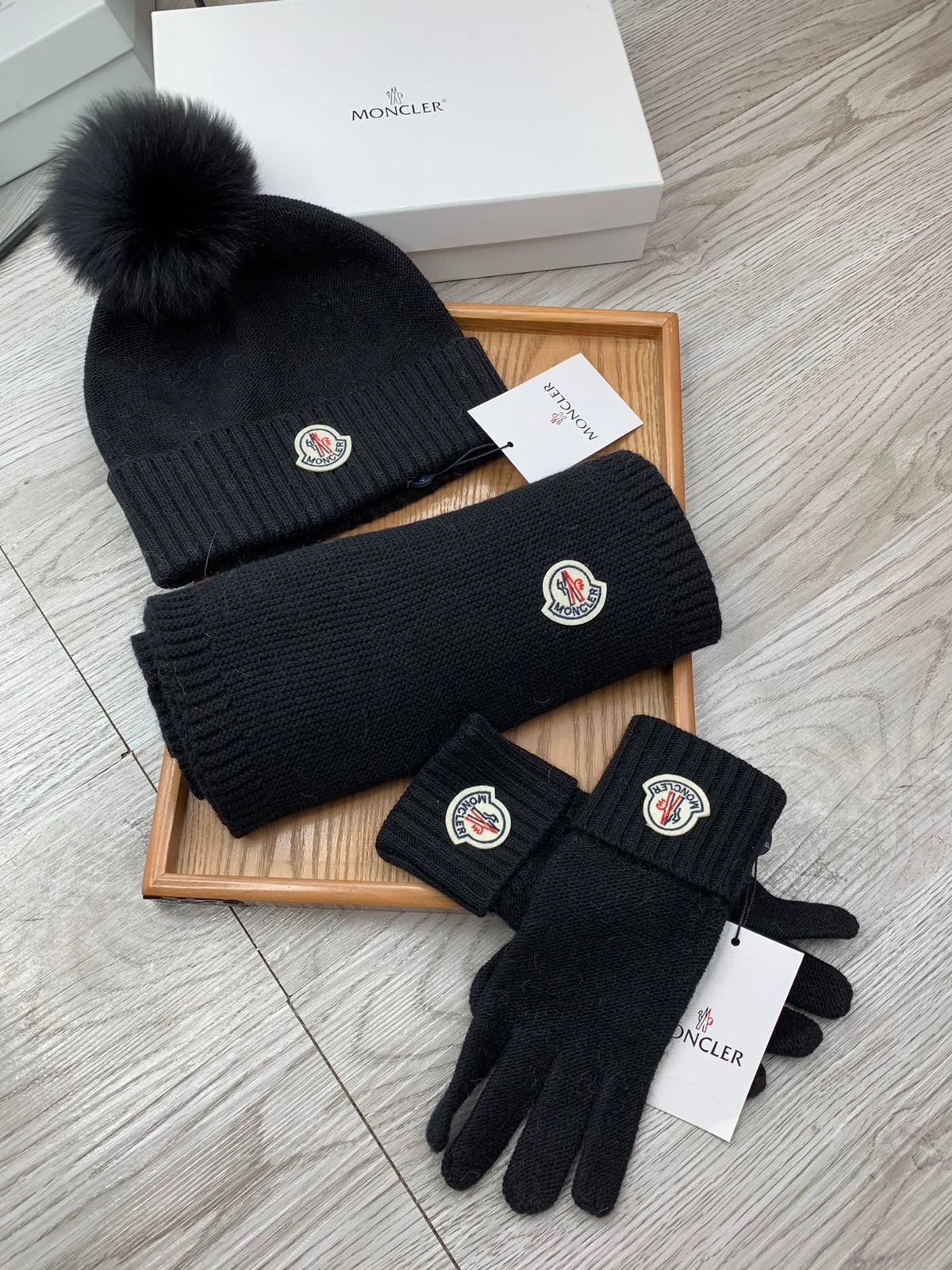 Moncler Hat Scarf Gloves Set Black Knit Fur 475098