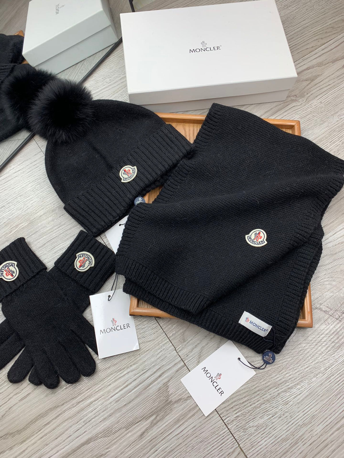 Moncler Hat Scarf Gloves Set Black Knit Fur 475098