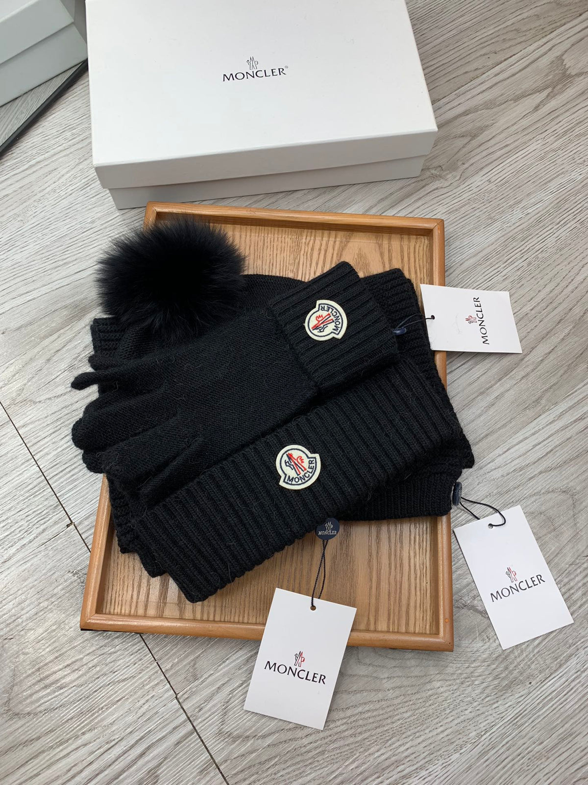 Moncler Hat Scarf Gloves Set Black Knit Fur 475098