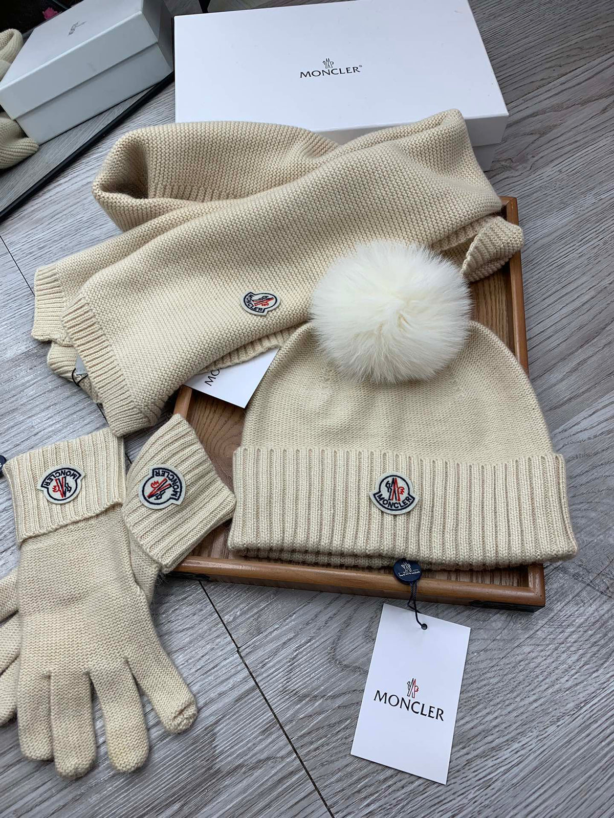 Moncler Hat Scarf Gloves Set Light Beige Knit Fur 475095