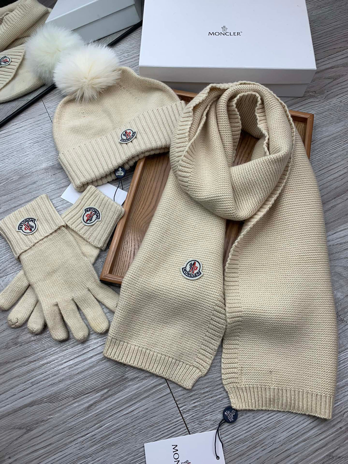 Moncler Hat Scarf Gloves Set Light Beige Knit Fur 475095