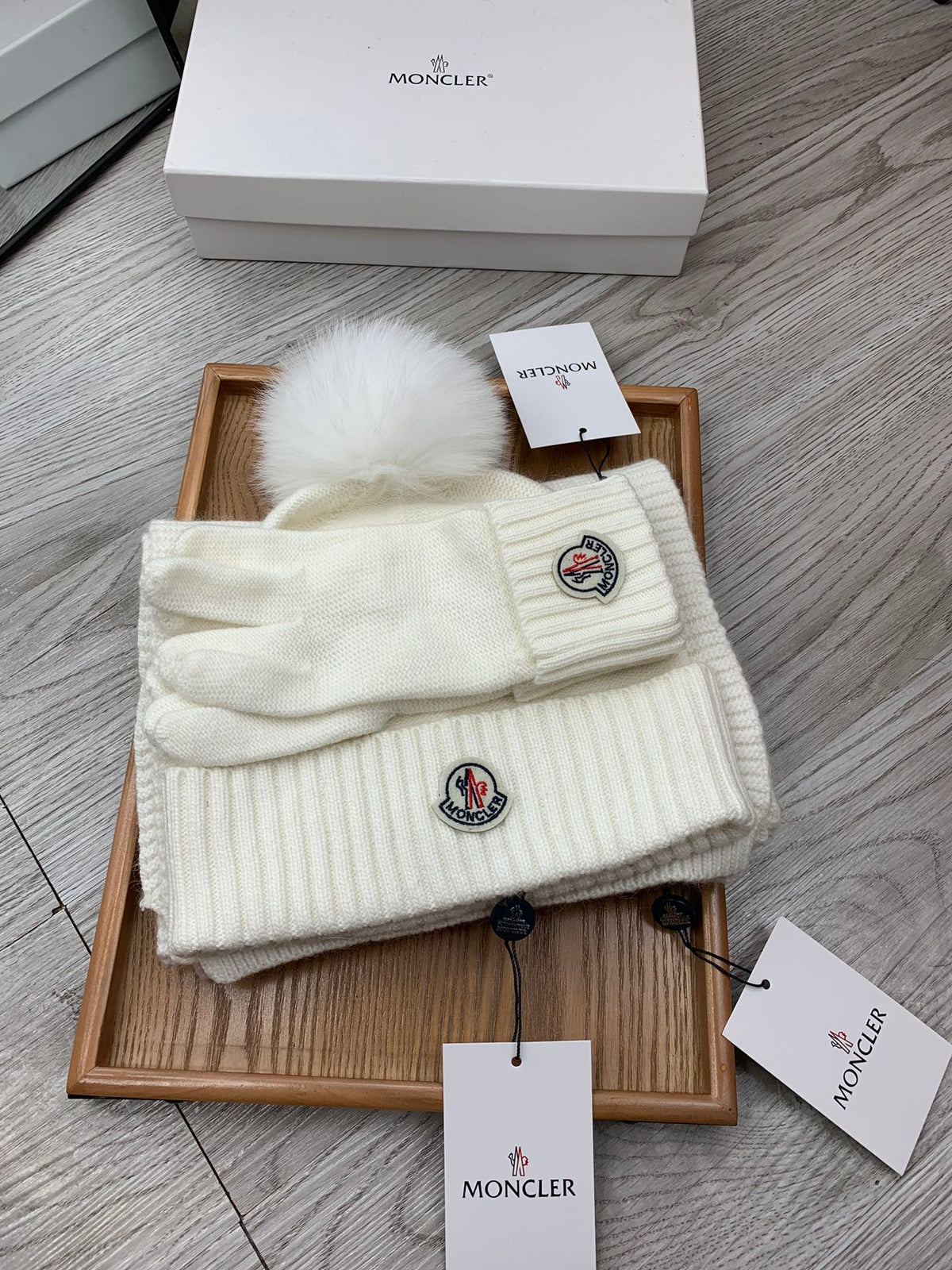 Moncler Hat Scarf Gloves Set White Knit Fur 475096