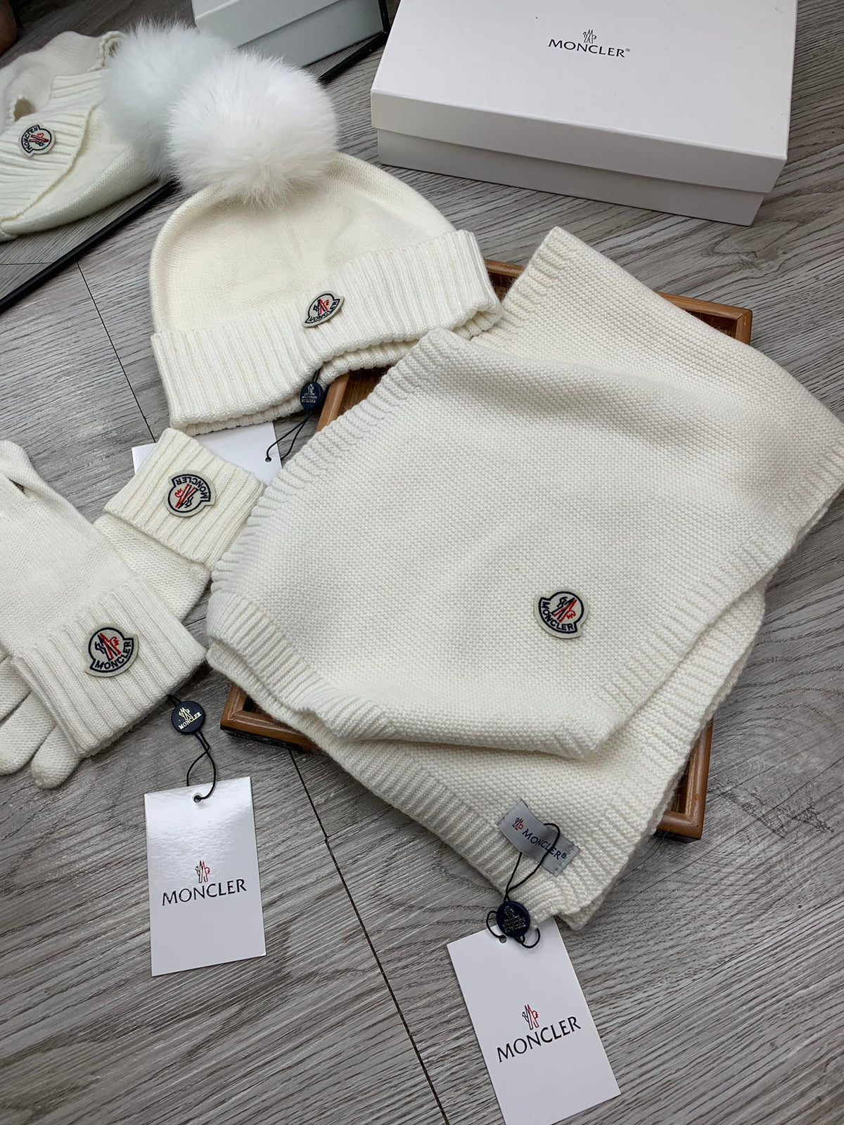 Moncler Hat Scarf Gloves Set White Knit Fur 475096