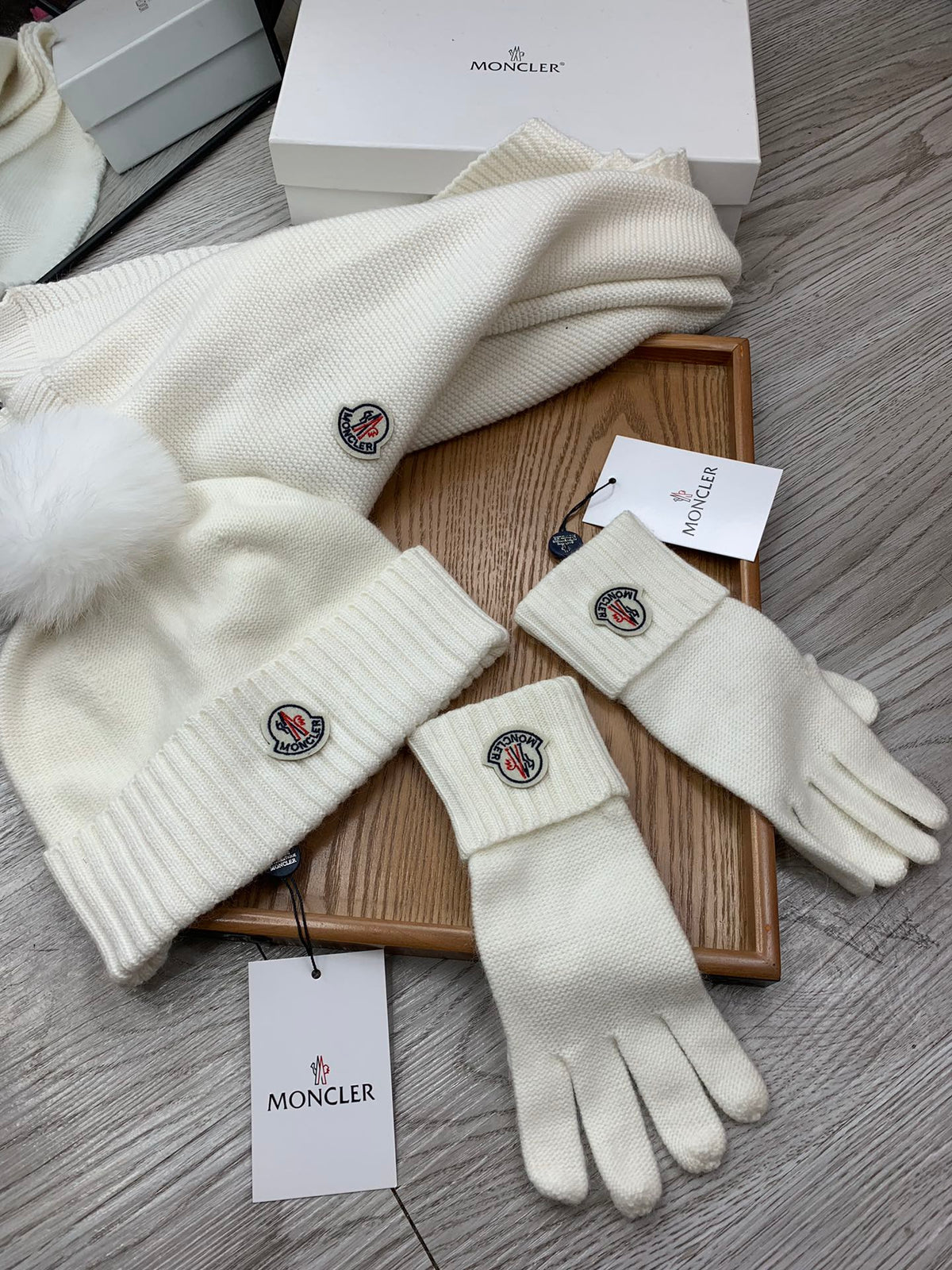 Moncler Hat Scarf Gloves Set White Knit Fur 475096