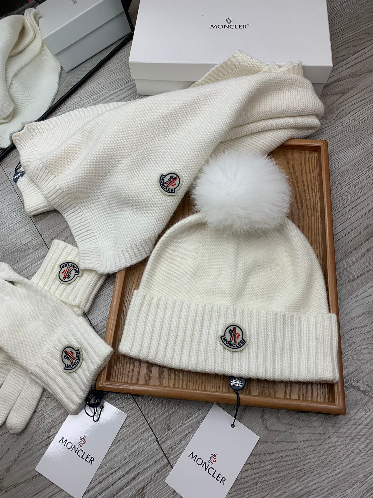 Moncler Hat Scarf Gloves Set White Knit Fur 475096