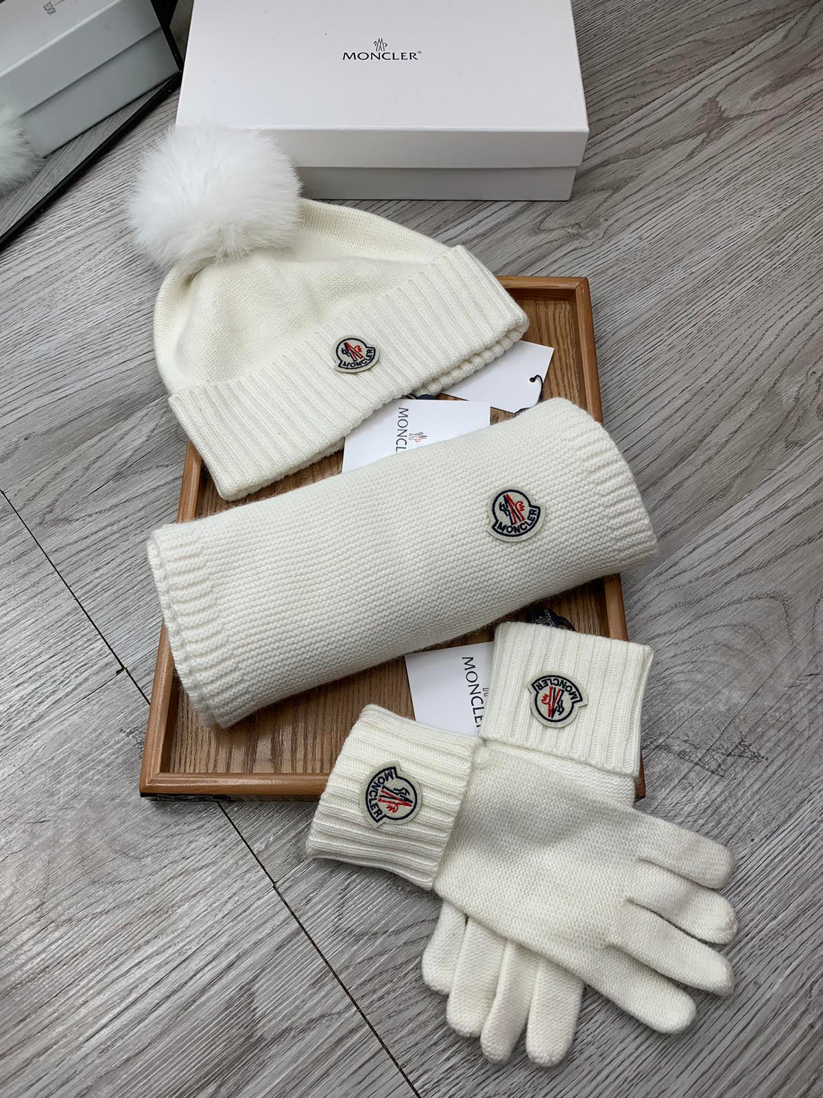 Moncler Hat Scarf Gloves Set White Knit Fur 475096