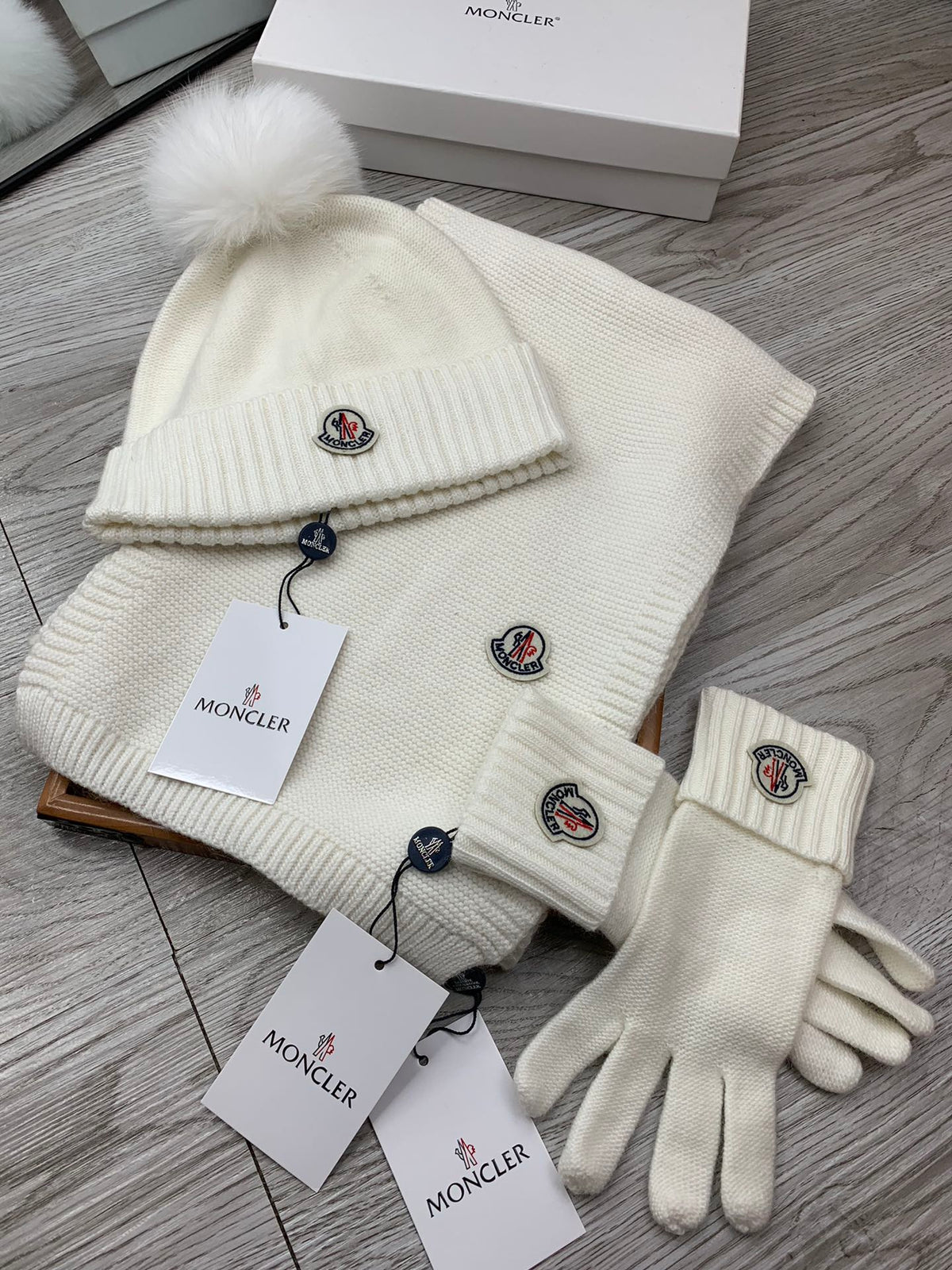 Moncler Hat Scarf Gloves Set White Knit Fur 475096