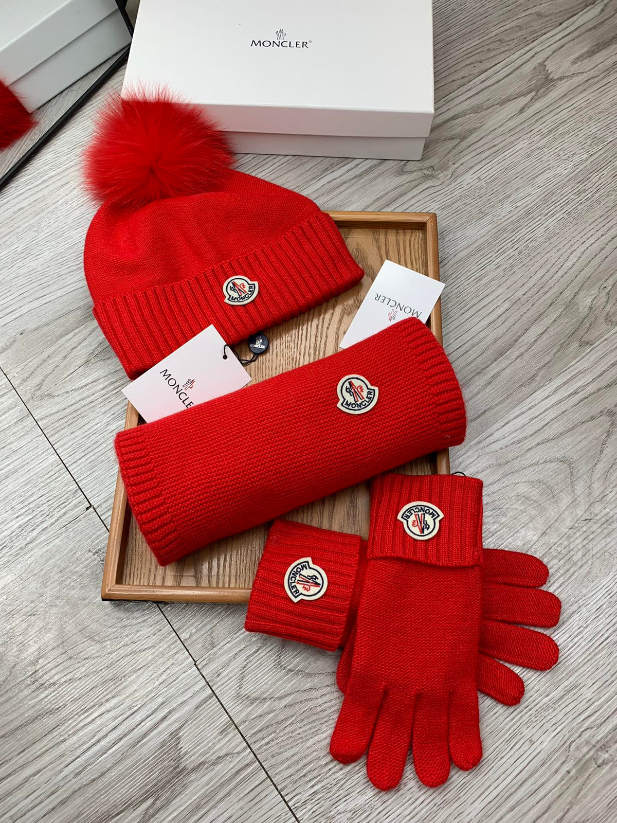 Moncler Hat Scarf Gloves Set Red Knit Fur 475094