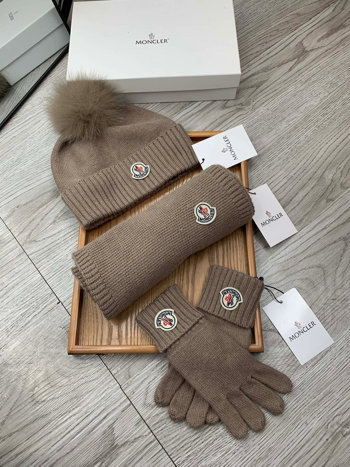 Moncler Hat Scarf Gloves Set Black Knit Fur 475098
