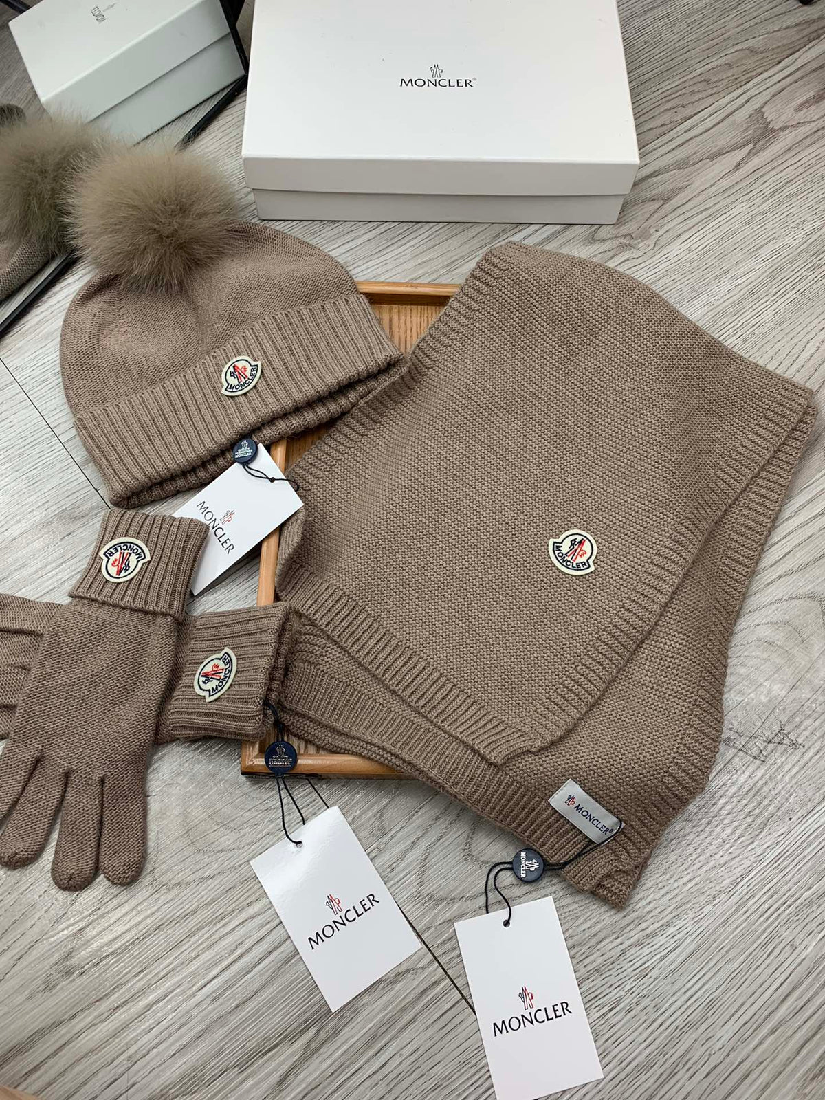 Moncler Hat Scarf Gloves Set Black Knit Fur 475098
