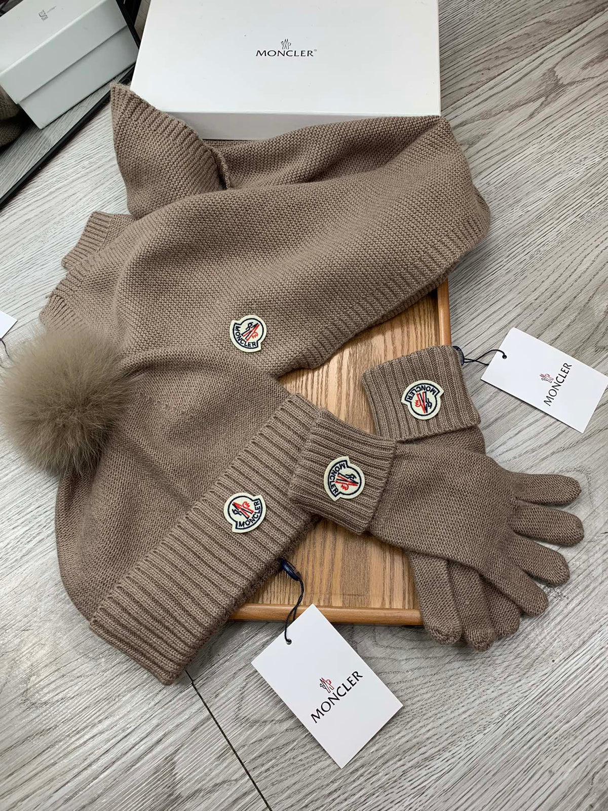 Moncler Hat Scarf Gloves Set Black Knit Fur 475098