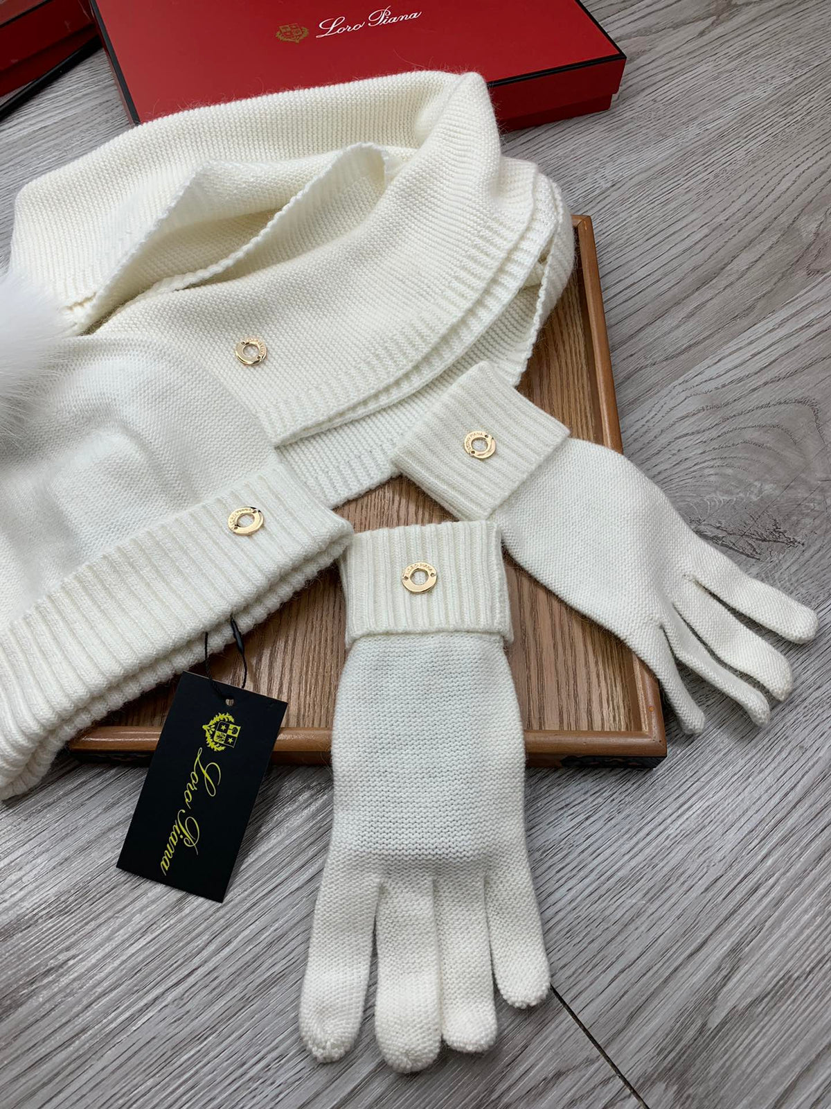 Loro Piana Hat Scarf Gloves Set White Knit Fur 475087